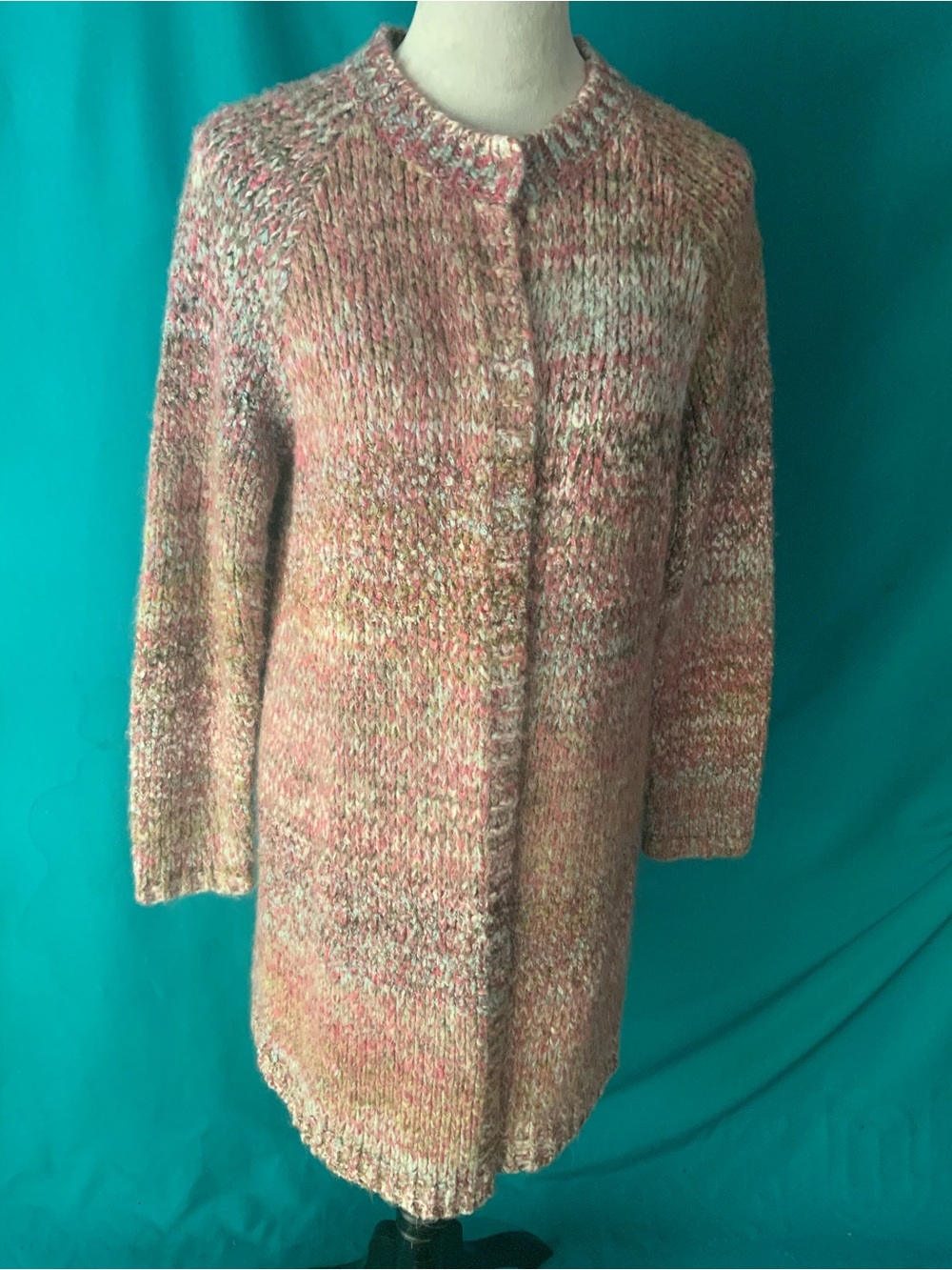 CURIO NEW YORK, KNIT CARDIGAN SWEATER COAT, CHUNKY MARLED COLORFUL KNIT PATTERN